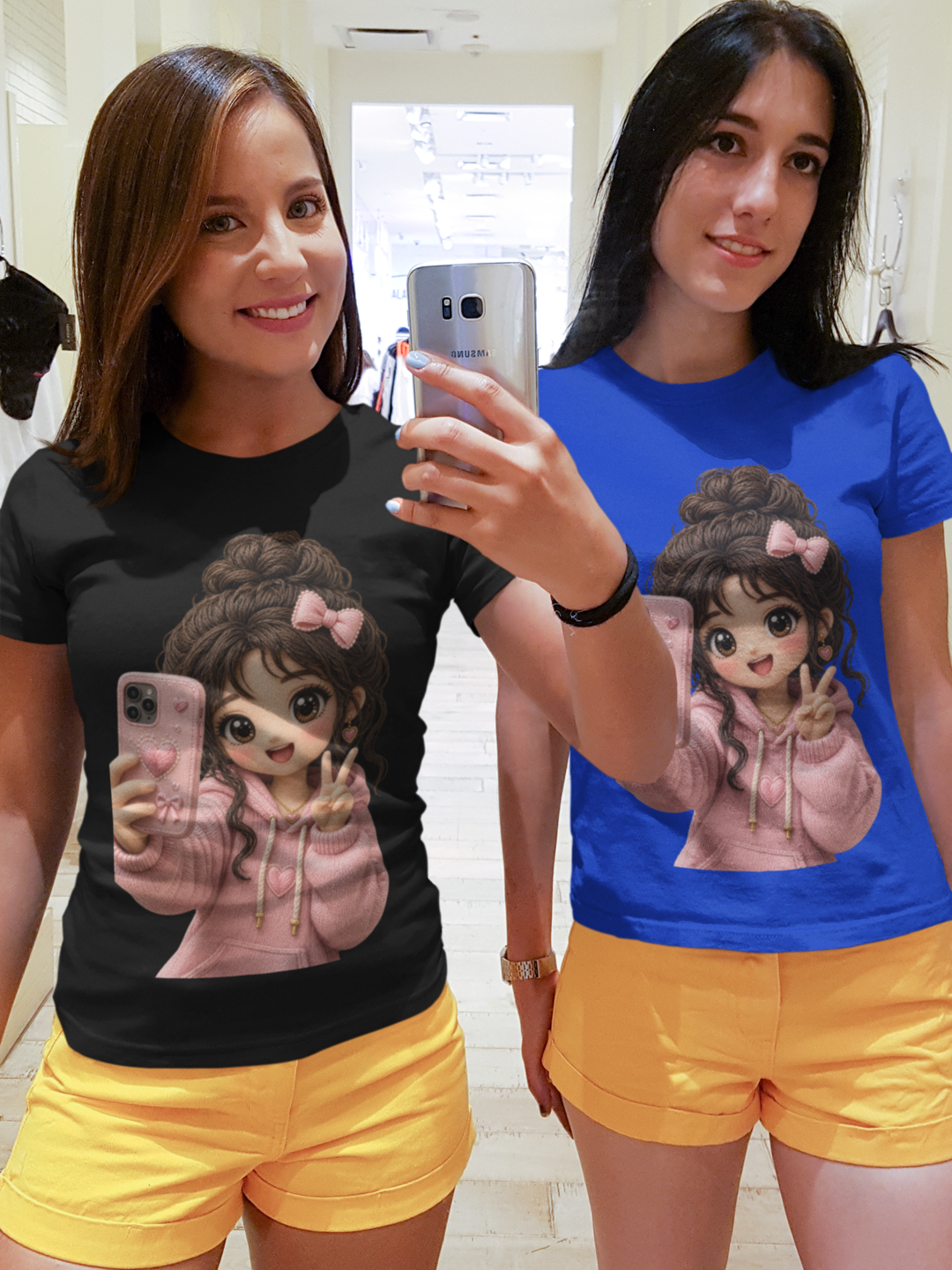 Selfie Queen Tee Black and Blue - two girls mirror selfie at fitting room