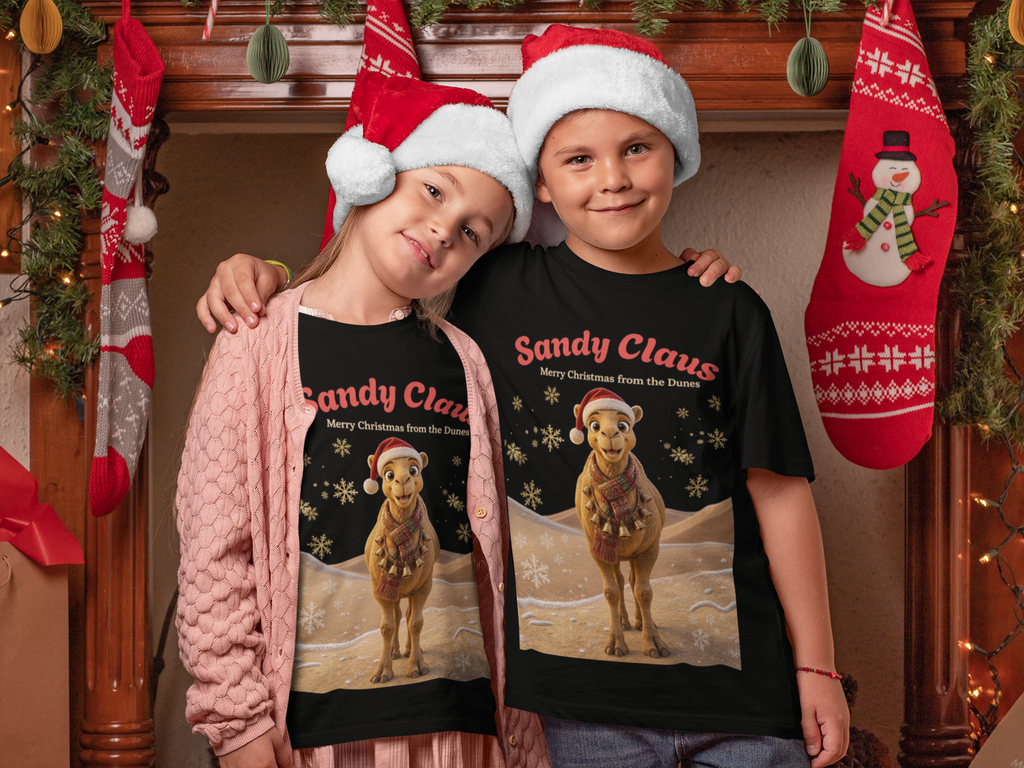 Sandy Claus Kids Christmas T-Shirt - two siblings